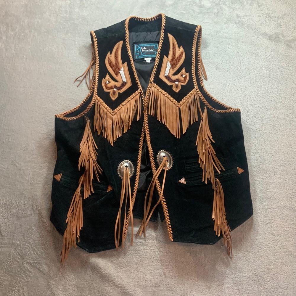 Echo Mountain Vintage Western Suede Fringe Vest Beaded Eagle Black Tan Sz 44